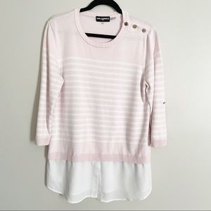 Karl Lagerfeld pink & white striped sweater with faux undershirt size large